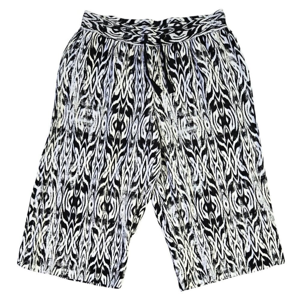Roamans Linen Blend White Black Abstract Boho Pull On Wide Leg Cropped Pants